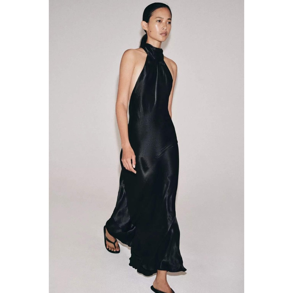 Zara Black Satin Halter Neck Open Back Midi Dress NWT Size Large 0116516480004
